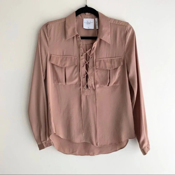 L'Academie Revolve Safari Blouse Camel Lace Up Tie Front Satin long sleeve XS - Picture 4 of 15